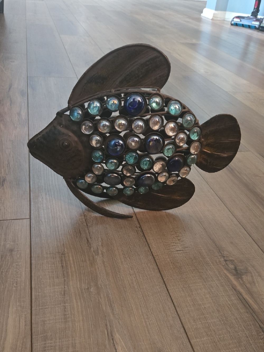 Decorative Metal Fish Sculpture w/ Blue Glass Gems – Coastal Nautical Home Decor